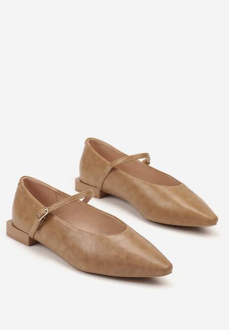 Ciemnobeżowe Balerinki Vices w Stylu Mary Jane z Wkładką ze Skóry Naturalnej Emilane