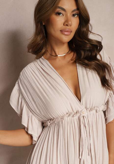 Beżowa Bawełniana Sukienka z Gumką w Talii i Falbankami Rivatia