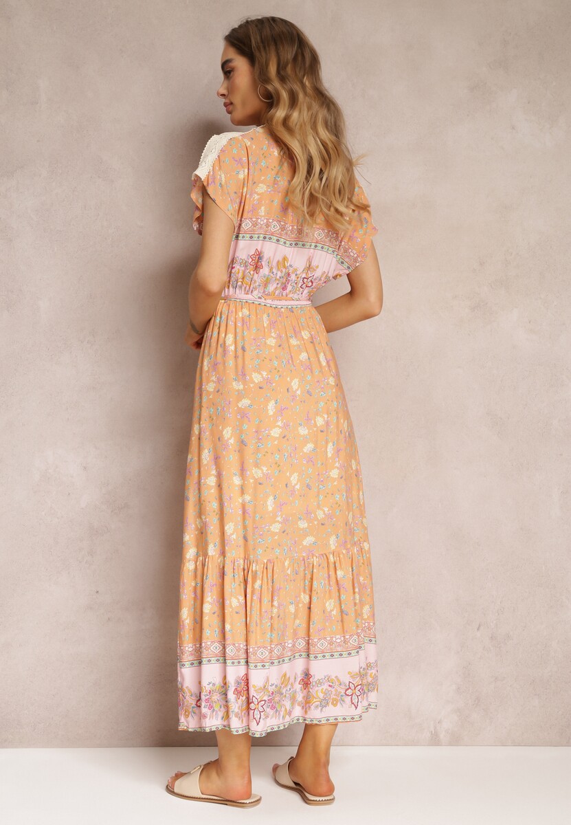 Pomarańczowo-Różowa Rozkloszowana Sukienka Maxi z Gumkami w Pasie z Bawełny Besie