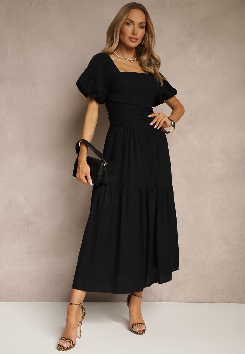 Czarna Sukienka Wiskozowa Drapowana z Rozkloszowanym Dołem Naprine
