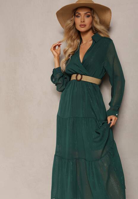 Ciemnozielona Sukienka z Kopertowym Dekoltem i Plecionym Paskiem Velo