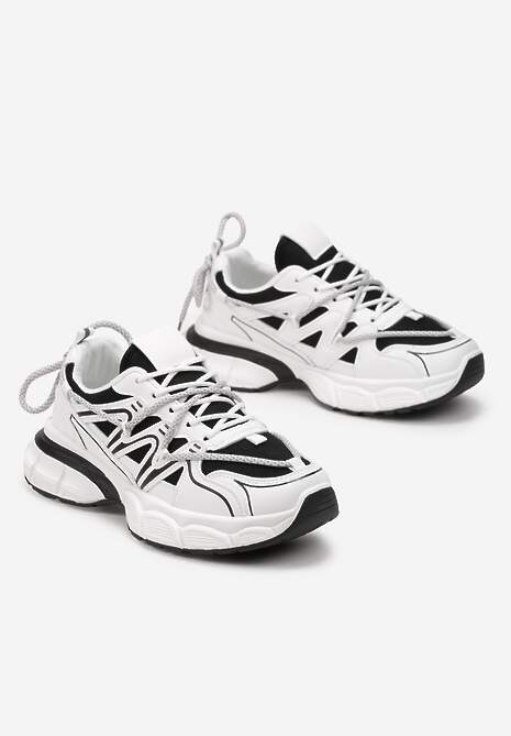 Biało-Czarne Sneakersy z Siateczką na Podeszwie z Wycięciami i Ozdobnym Wiązaniem Dorila