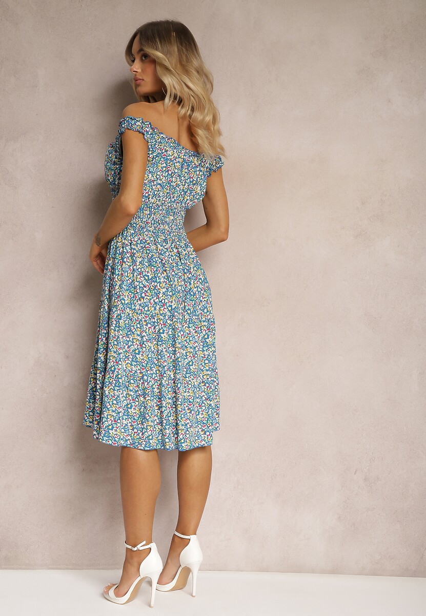 Niebieska Taliowana Sukienka Bawełniana o Rozkloszowanym Kroju z Gumką w Pasie Nelyssa