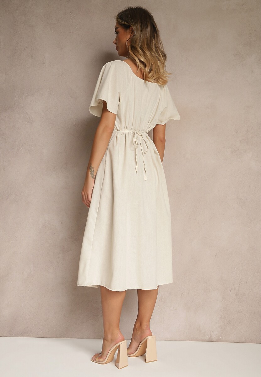 Beżowa Bawełniana Sukienka z Wiązaniem i Guzikami Kolarissa