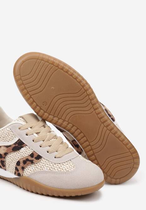Ciemnobeżowe Panterkowe Sneakersy z Geometrycznym Motywem i Plecionką Laniffia