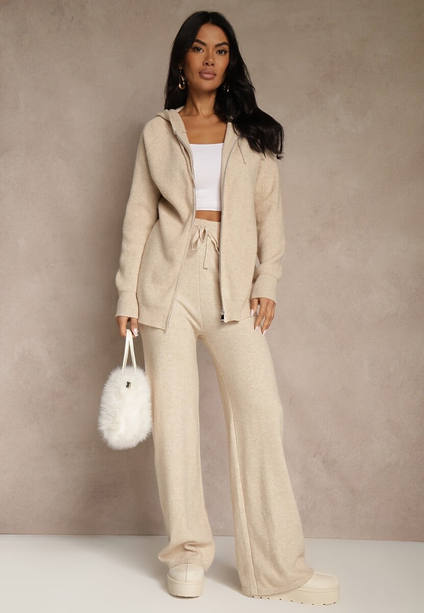 Brązowy Dzianinowy Komplet Dresowy z Wełną Bluza z Kapturem i Spodnie Essana