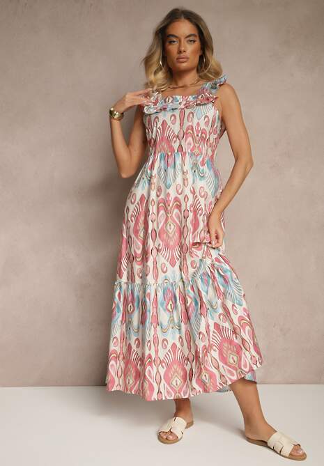 Różowa Sukienka Rozkloszowana Wiskozowa Wiązana na Plecach we Wzór Boho Turieza