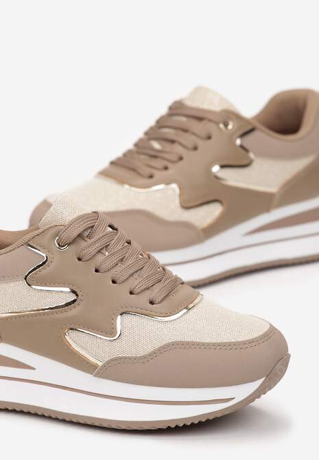 Ciemnobeżowe Sznurowane Sneakersy na Płaskiej Grubej Podeszwie z Brokatem Sincla