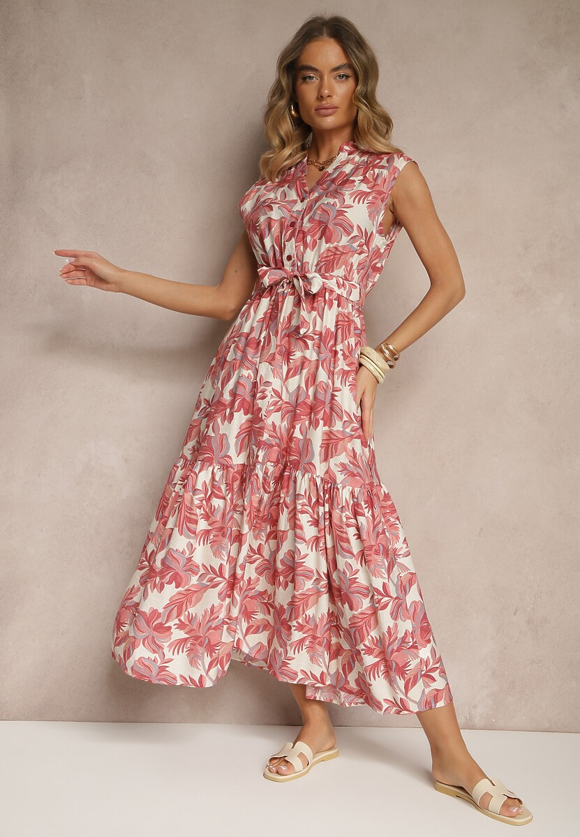 Różowa Wiskozowa Sukienka o Rozkloszowanym Kroju Bez Rękawów z Wiązaniem Revalisse