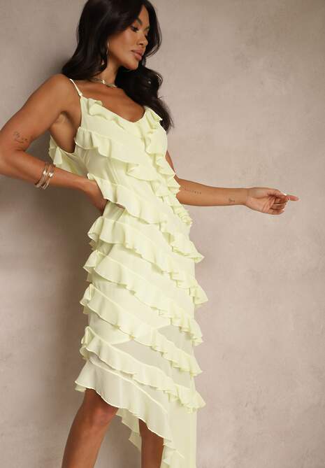 Żółta Sukienka z Falbankami o Asymetrycznym Kroju Linessiela