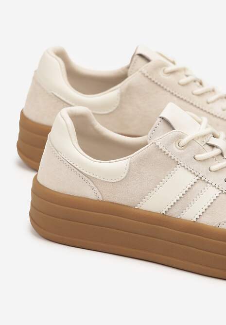Jasnobeżowe Sneakersy Zamszowe na Platformie ze Skórzaną Wkładką Ozdobione Paskiem Adivrie