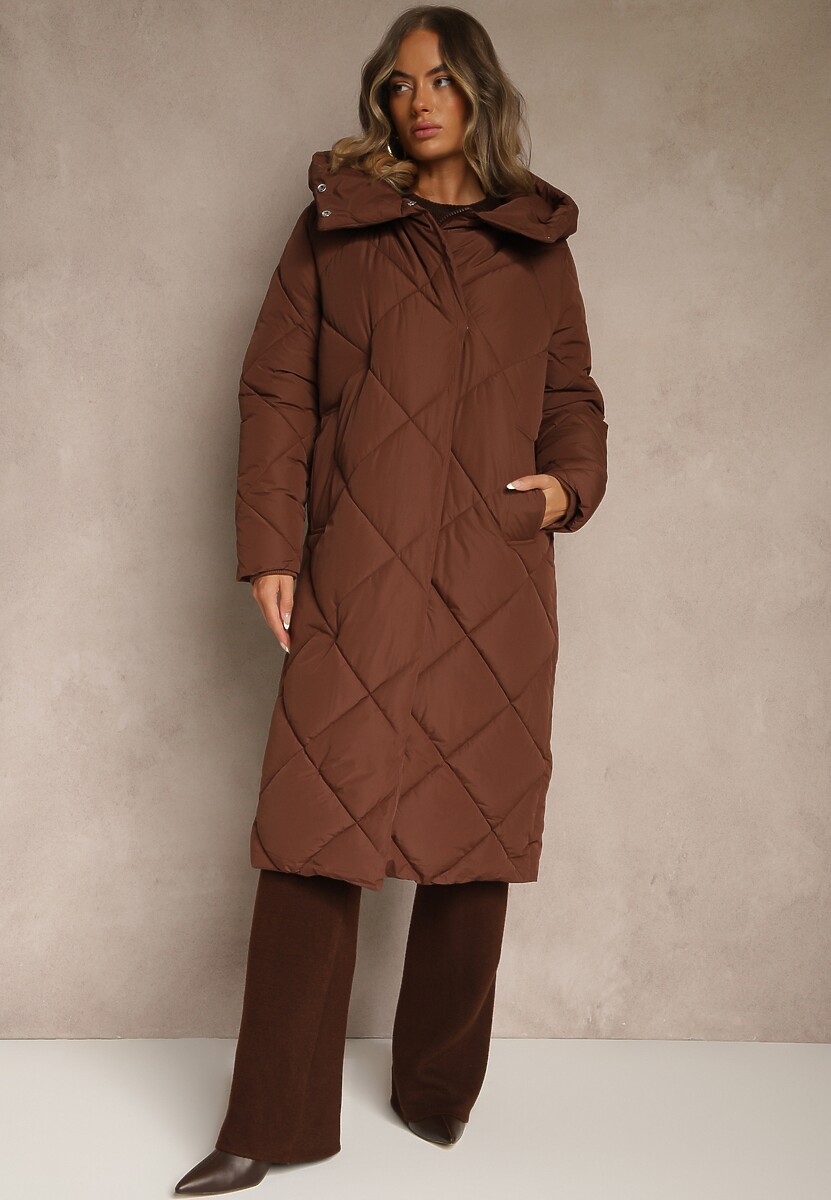 Biała Pikowana Kurtka Płaszcz za Kolano z Kapturem Kinassan