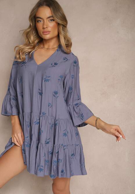 Niebieska Rozkloszowana Sukienka z Wiskozą Zdobiona Haftem i Falbanami Aliorra