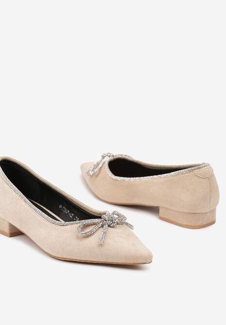 Beżowe Płaskie Balerinki z Cyrkoniową Kokardą Evalene