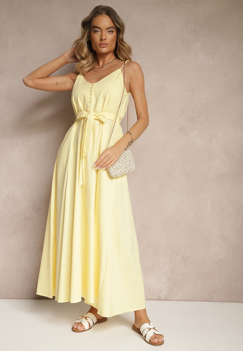Żółta Sukienka z Bawełną i Wiskozą z Ozdobnym Paskiem Savaine
