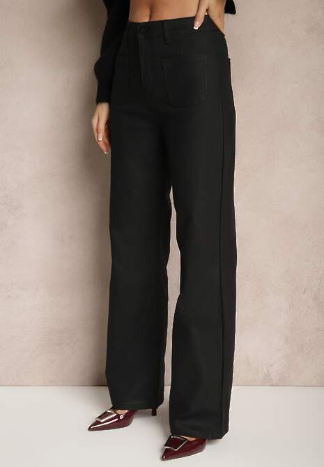 Czarne Spodnie z Ekoskóry High Waist z Szerokimi Nogawkami Leanwin