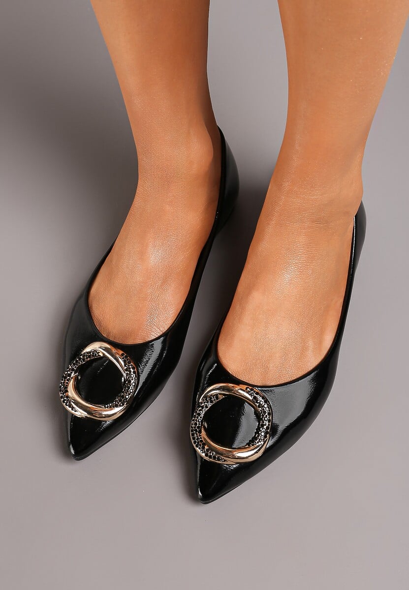 Czarne Balerinki na Płaskiej Podeszwie z Metalową Aplikacją Ozdobioną Cyrkonami Frapapia