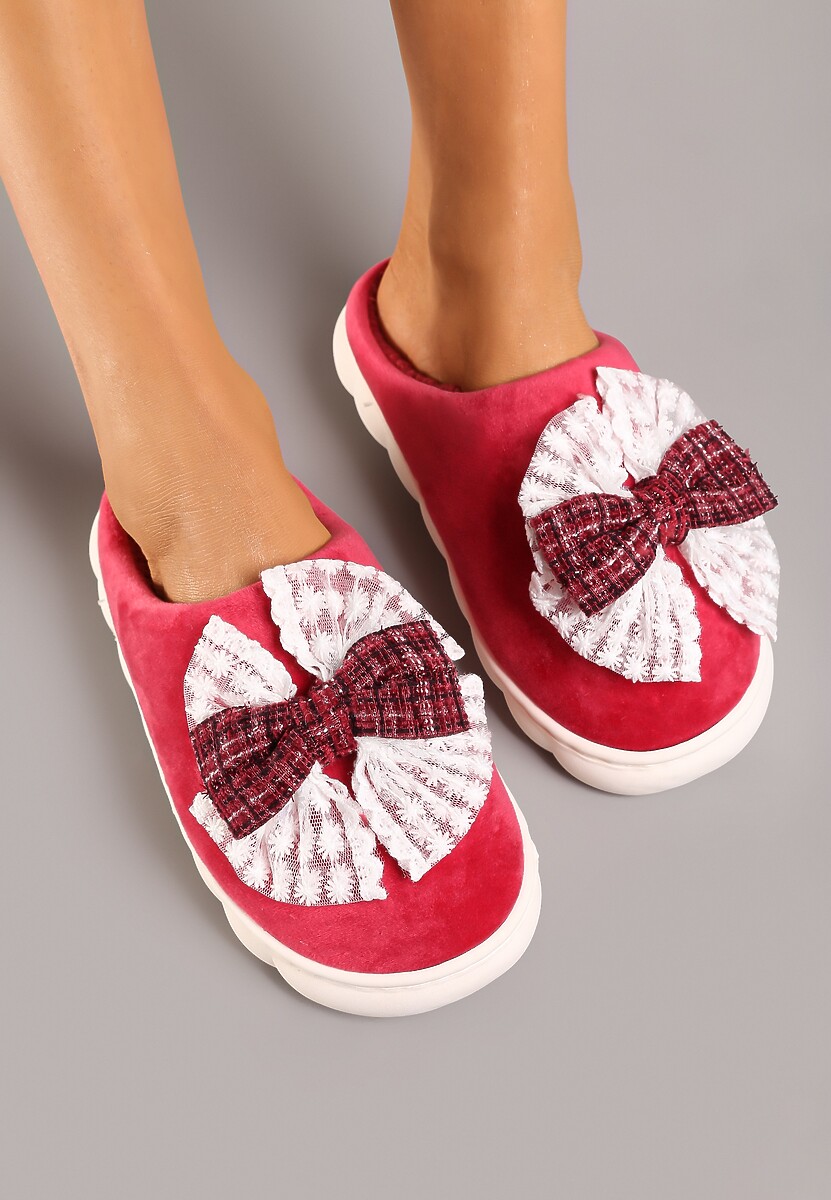 Bordowe Kapcie Vices na Grubej Podeszwie z Ozdobną Kokardą Tinnella