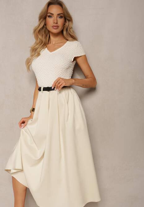 Beżowa Sukienka o Rozkloszowanym Kroju z Krótkim Rękawem i Paskiem z Ekoskóry Frinna