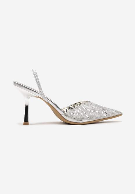 Srebrne Plecione Sandały Szpilki ze Szpiczastym Noskiem Zdobione Perłami Gonnara