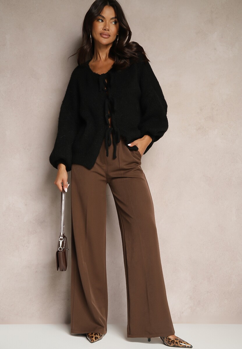 Czarny Kardigan z Wełną o Kroju Oversize z Wiązanymi Kokardami Elearina