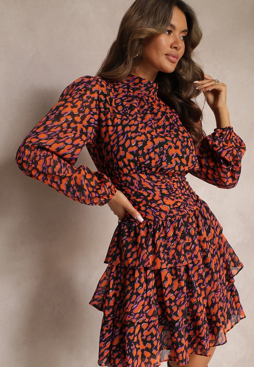 Beżowo-Zielona Mini Sukienka o Rozkloszowanym Fasonie Ozdobiona Brokatem Giannes