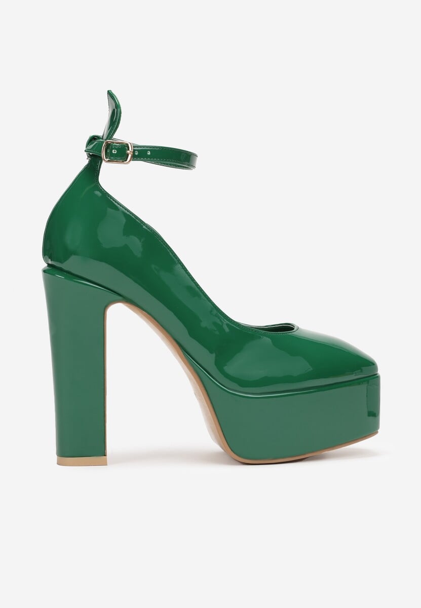 Zielone Czółenka na Platformie i Słupku ze Sprzączką i Lakierowanym Wykończeniu Ysabel