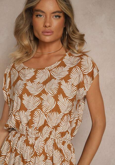 Beżowa Rozkloszowana Sukienka na Krótki Rękaw z Gumką w Talii Milenea