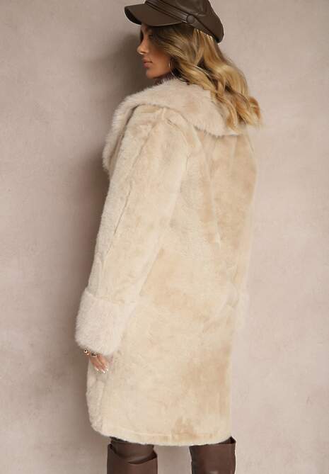 Beżowa Kurtka Futro o Długim Kroju z Wiskozą Ninnarlia