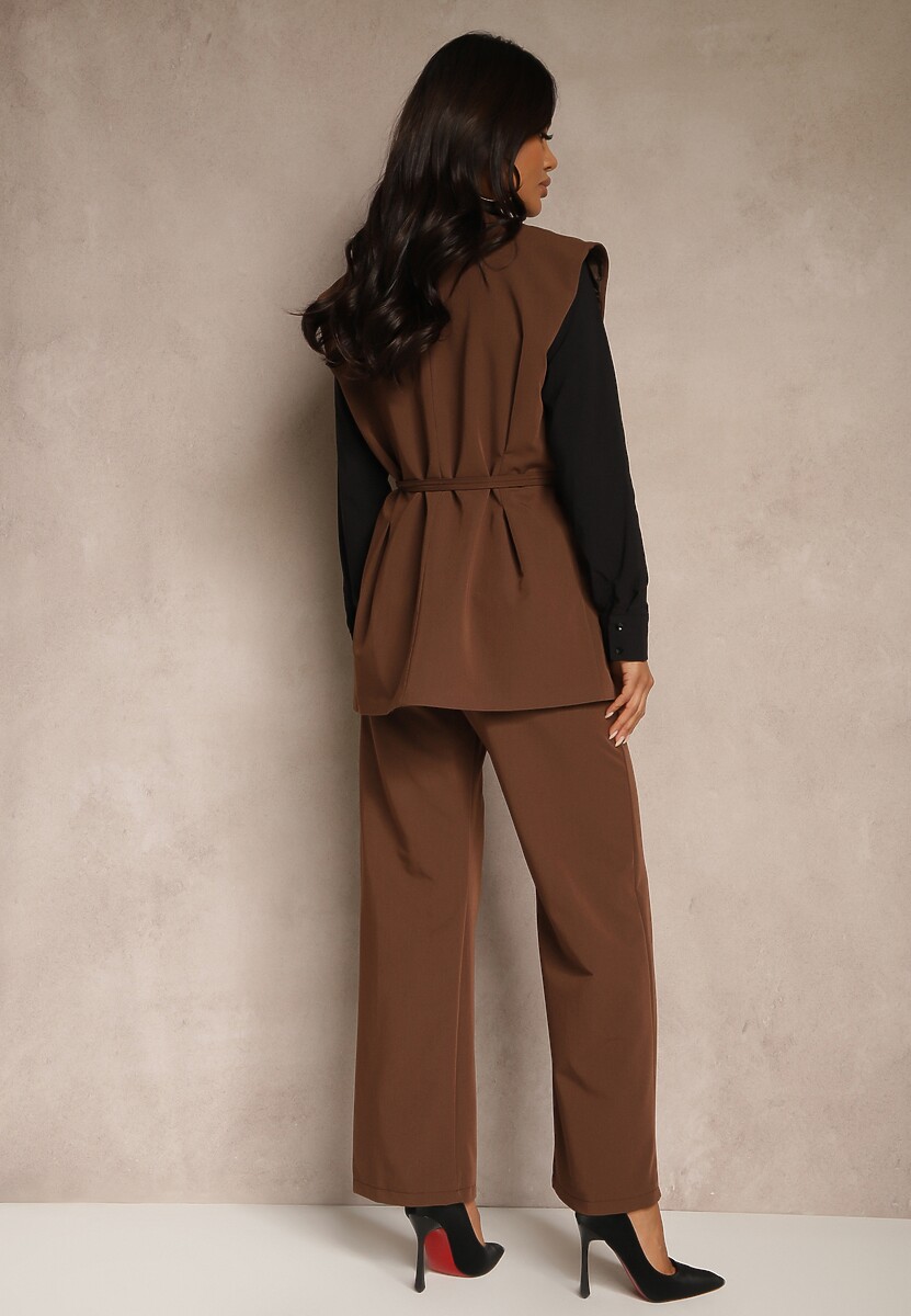 Brązowy Garniturowy Komplet Kamizelka z Wiązaniem i Spodnie o Szerokim Kroju Davielis