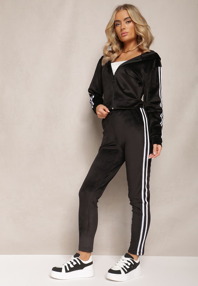 Beżowy 2-Częściowy Komplet Dresowy z Weluru z Ozdobnymi Lampasami Bluza i Spodnie Anelpe