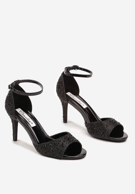 Czarne Sandały na Szpilce Ozdobione Cyrkoniami Nialuna