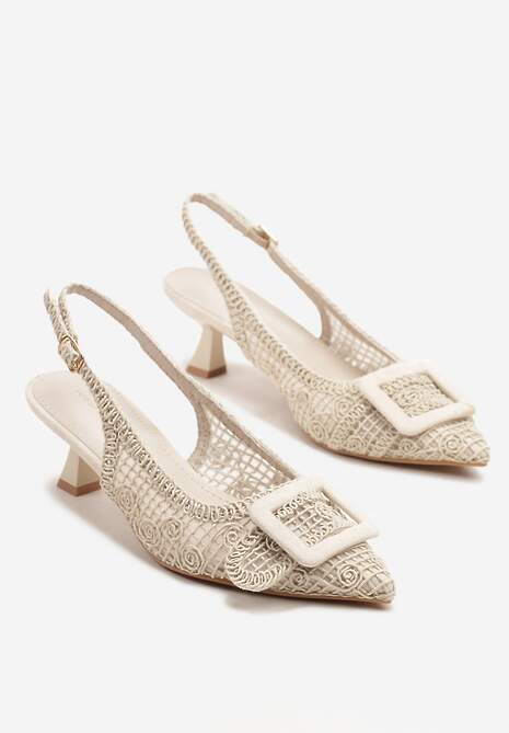 Beżowe Sandały na Kaczuszce Typu Slingback Ozdobione Plecionką i Klamrą Elivrella