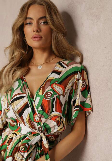 Zielona Wzorzysta Sukienka Midi z Gumką w Talii z Wiskozy Angelett