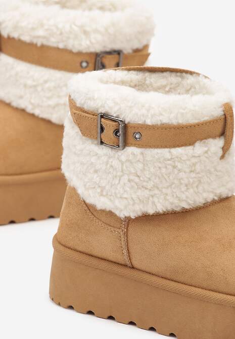 Brązowe Śniegowce na Platformie Ozdobione Metaliczną Klamrą i Futerkiem w Stylu Baranka Anelavia