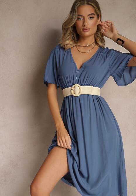 Granatowa Rozkloszowana Sukienka z Bawełnianej Tkaniny Lirioneae