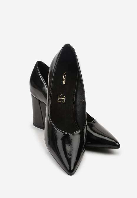 Czarne Czółenka Lakierowane Vices na Słupku z Wkładką ze Skóry Naturalnej Modvire