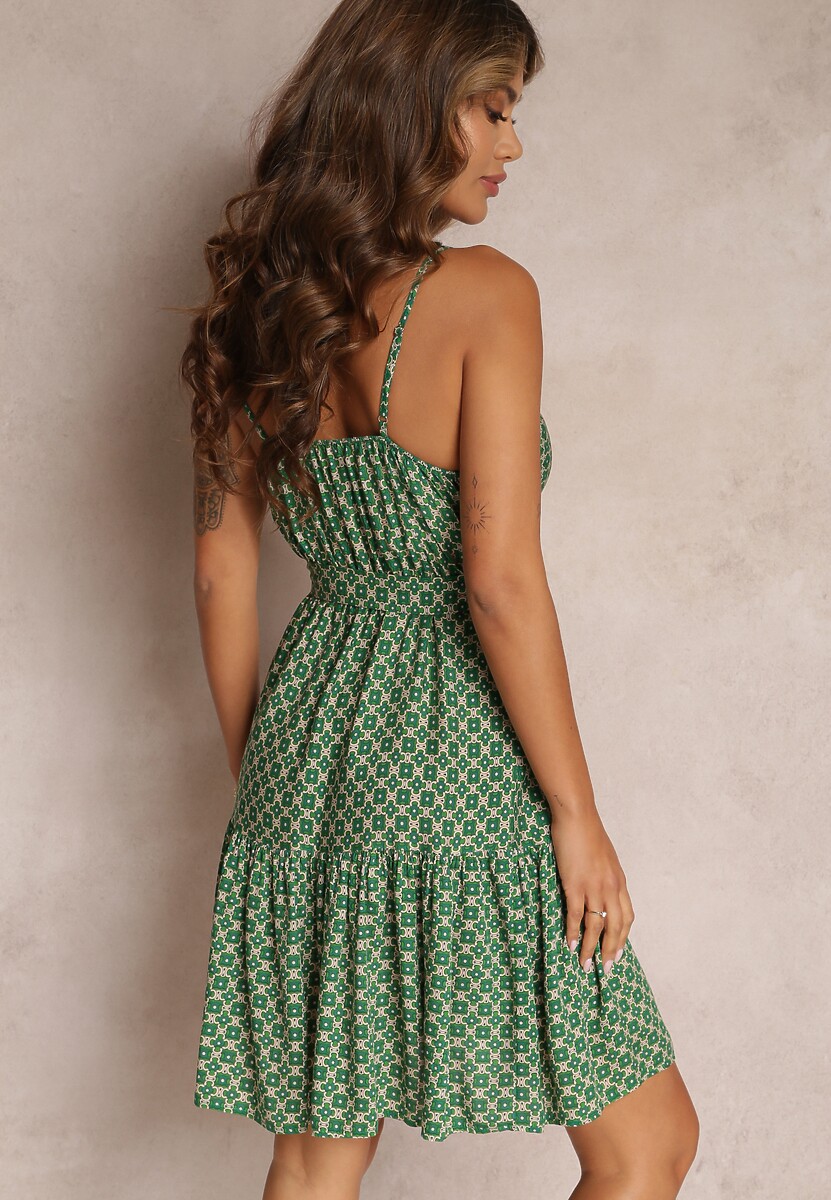 Zielona Wiskozowa Sukienka z Falbankami i Gumką w Pasie z Materiałowym Paskiem Erafina