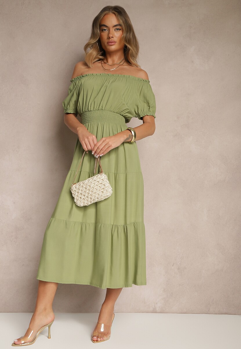 Ciemnozielona Rozkloszowana Sukienka z Gumką w Talii i Dekoltem w Kształcie Łódki Miratela