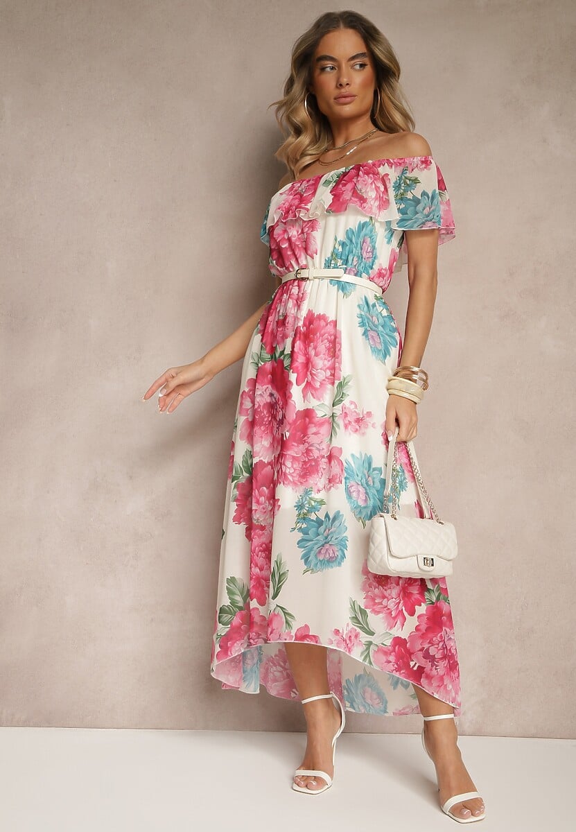 Fuksjowa Sukienka Hiszpanka z Kwiatowym Wzorem i Plecionym Paskiem Sadeene