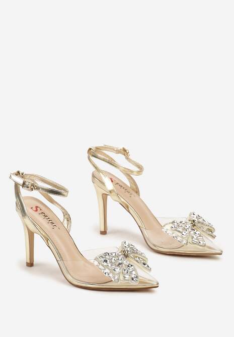 Złote Sandały na Obcasie z Przezroczystym Noskiem z Cyrkoniową Kokardą Azilda