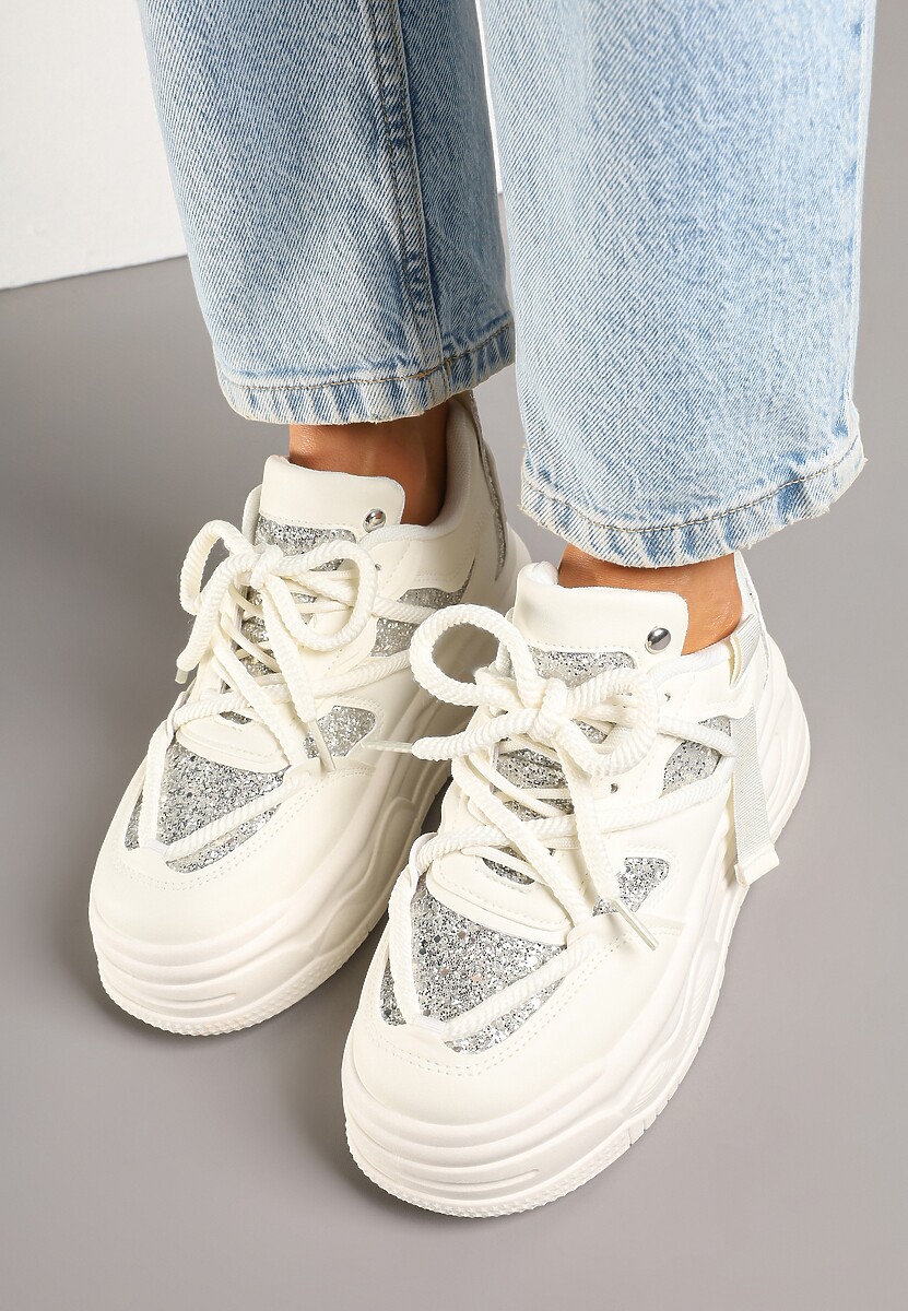 Beżowe Sneakersy w Streetwearowym Stylu na Tłoczonej Platformie z Brokatem Mailienne