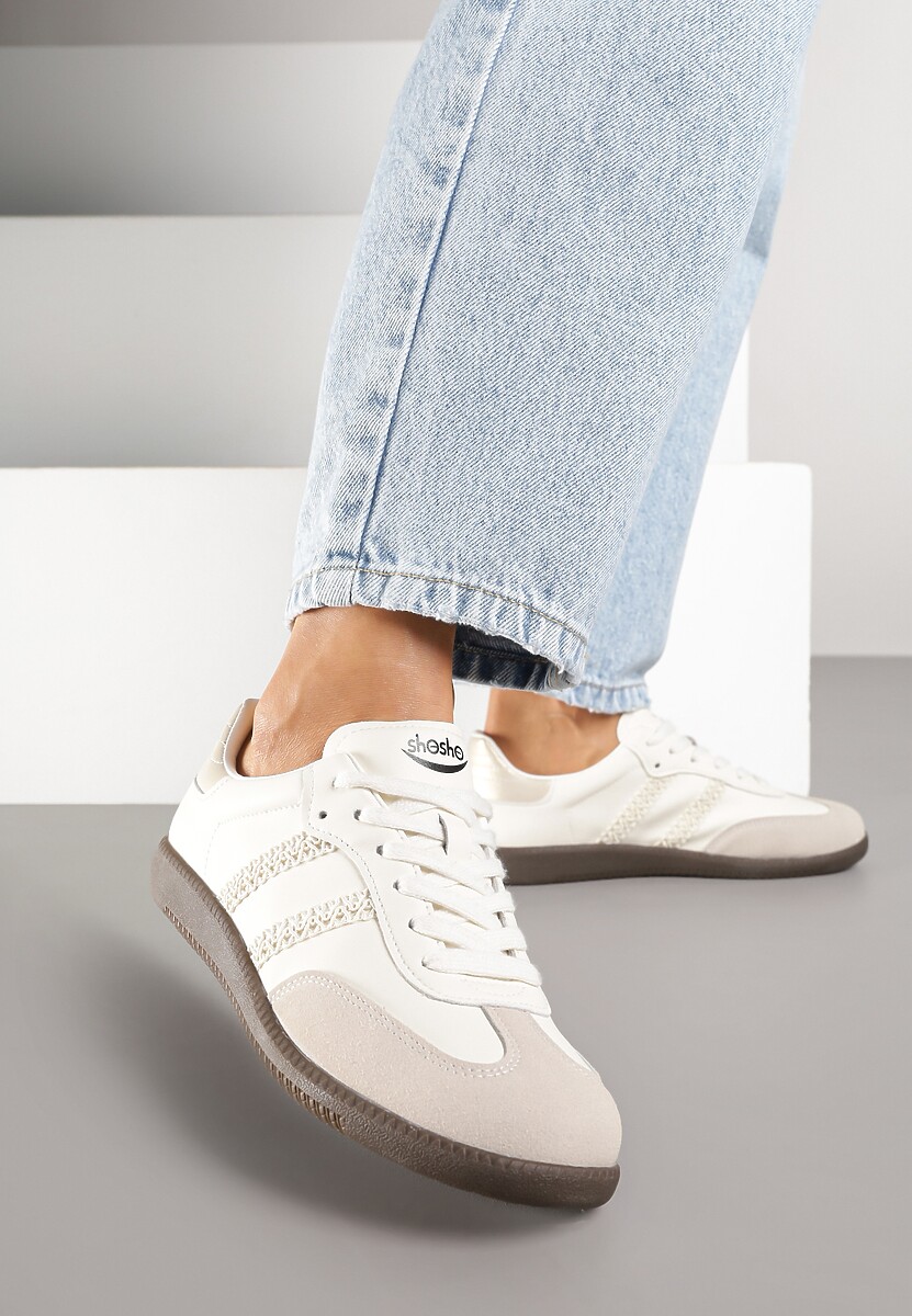 Beżowe Sneakersy w Stylu Tenisówek z Geometrycznym Motywem Halonelle