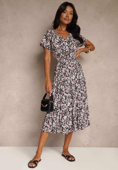 Czarna Bawełniana Sukienka z Guzikami Przy Dekolcie i Gumką w Pasie Grasita