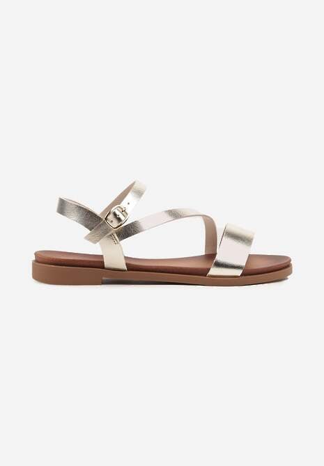 Złote Sandały na Płaskiej Podeszwie w Klasycznym Stylu ze Sprzączką Minni