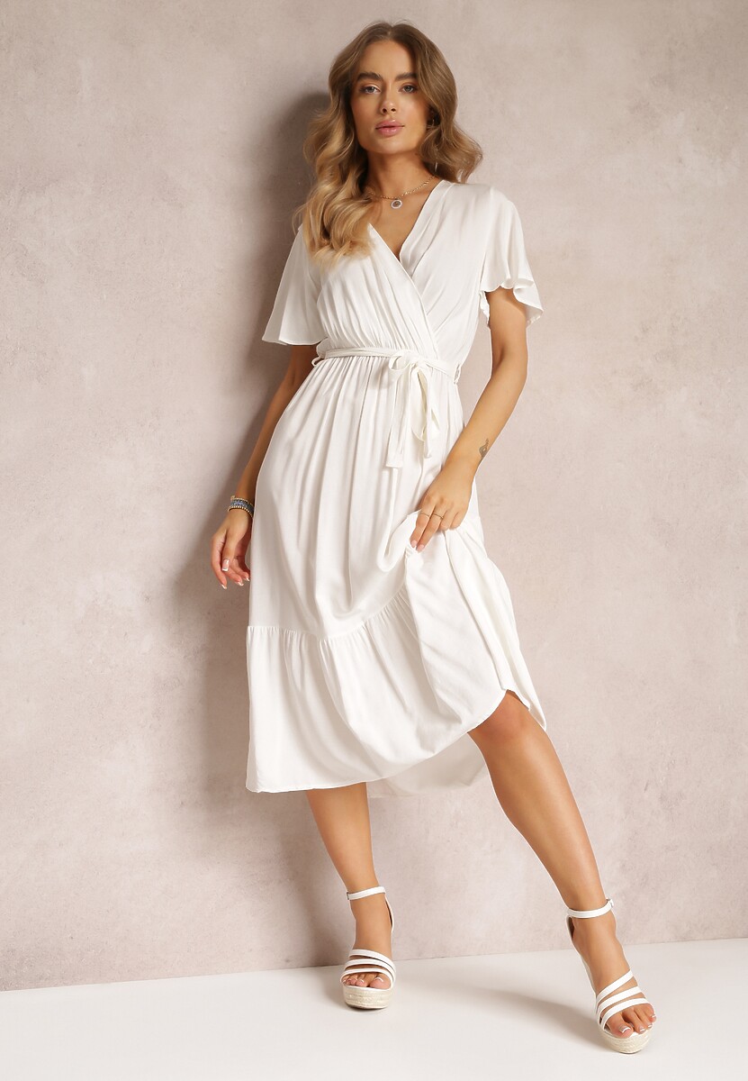 Biała Rozkloszowana Sukienka z Kopertowym Dekoltem i Wiązanym Paskiem Elanor