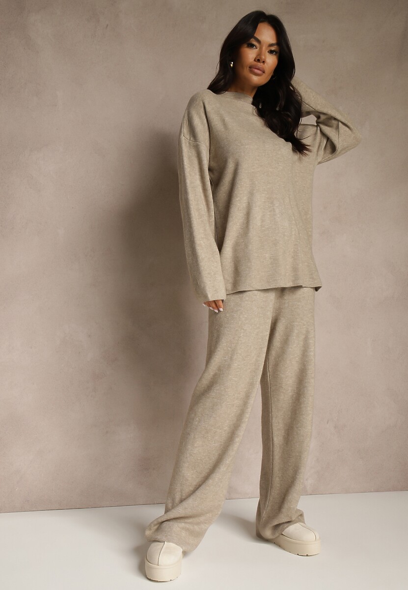 Beżowy Komplet Oversize z Dzianiny z Wełną Sweter i Szerokie Spodnie Alenria