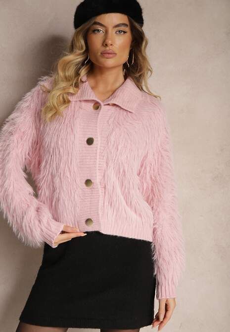 Jasnofioletowy Kardigan z Wełną Zapinany na Ozdobne Guziki ze Stójką i Puszystą Fakturą Zinavia