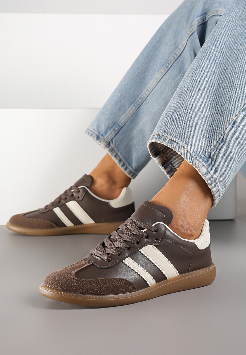 Brązowe Casualowe Sneakersy na Płaskiej Podeszwie z Paskami Jereria