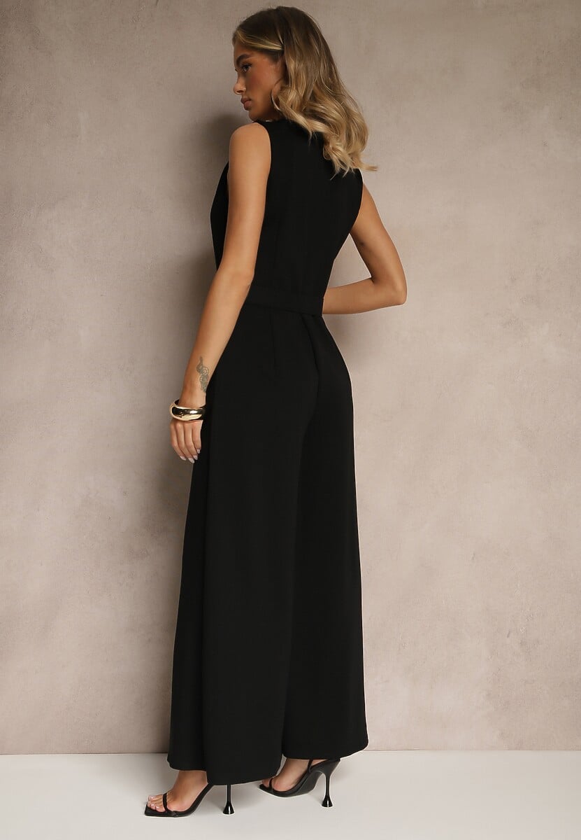 Czarny Kombinezon o Taliowanym Kroju z Wiskozą i Paskiem Raliorea